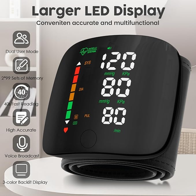 Wrist Blood Pressure Monitor with LED Touch Display